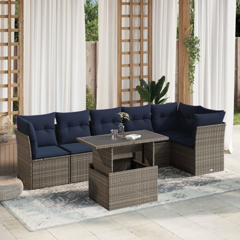 Ensemble de canapé de patio 7 pièces avec coussins en rotin de polyester, Gris, Marine
