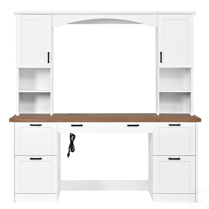 Bureau d'ordinateur Farmhouse avec arche avec huche, poste de travail Mid-Century en noyer avec station de charge et plateau à clavier, bureau d'écriture tout-en-un avec tiroir classeur pour bureau, bureau