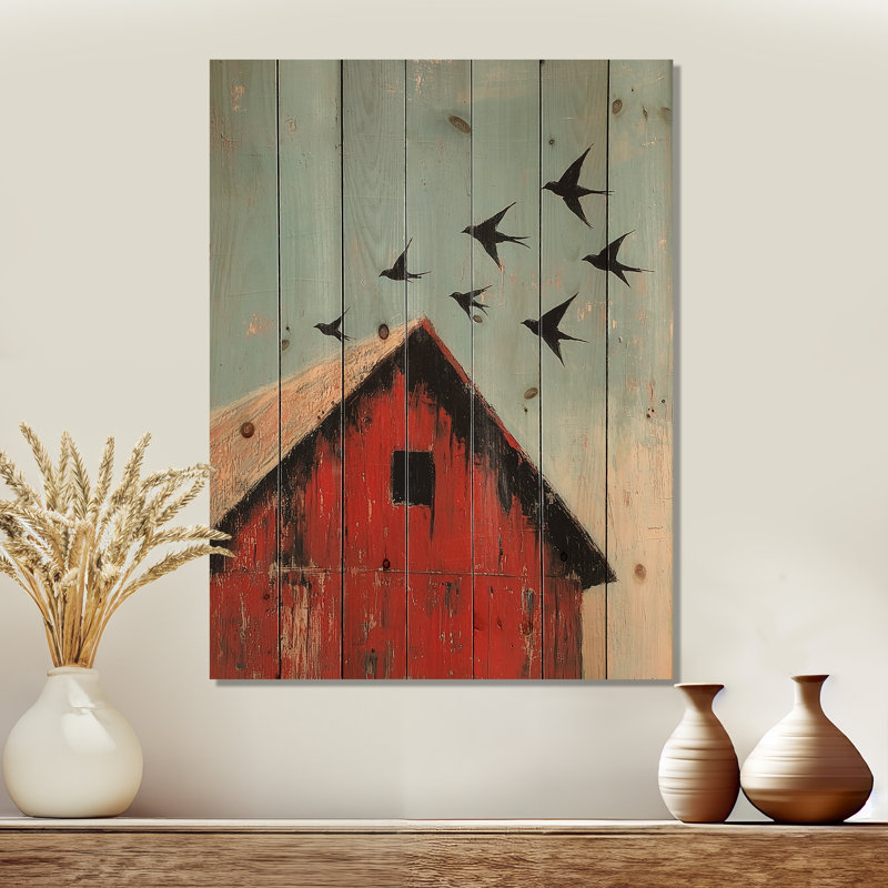 Swallows Birds Over The Red Barn I - Art mural en bois oiseau - sur bois de pin naturel, H 32 po x l 24 po x P 0,78 po