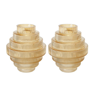 5.9x6.7 Inch Tiered Geometric Amber Luster Clear Glass Vases Set of 2, Modern Ribbed Decorative Flower Vases for Home Decor, Living Room, Table Centerpiece, Shelf Decor
