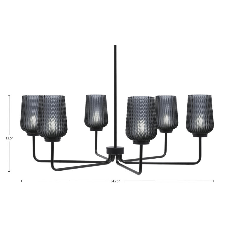 Lustre 6 lumières Amarmula, finition noir mat, verre texturé fumée 5 po, Noir, Transparent/noir