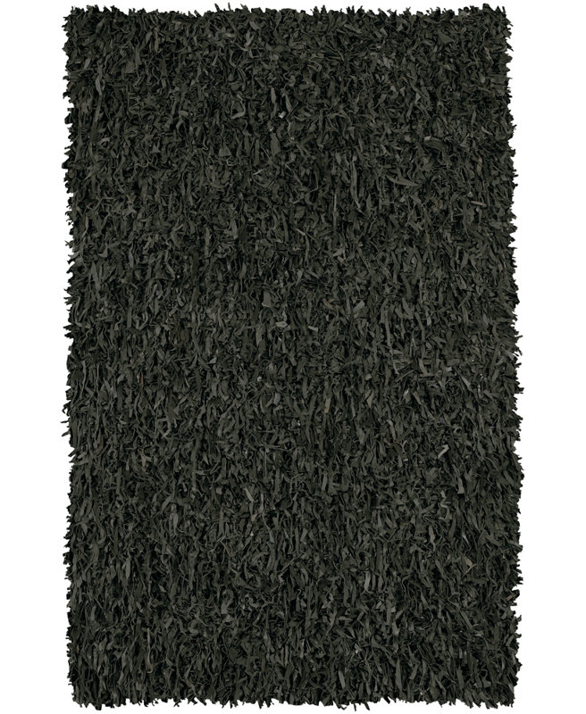 Tapis d'intérieur en cuir noir/gris uni tissé à la main Jawawn, Rond 4 pi 9 po