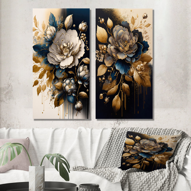 «Black and Gold Camellia Bouquet I», 2 pièces sur toile, Toile tendue, H 40 po x l 40 po