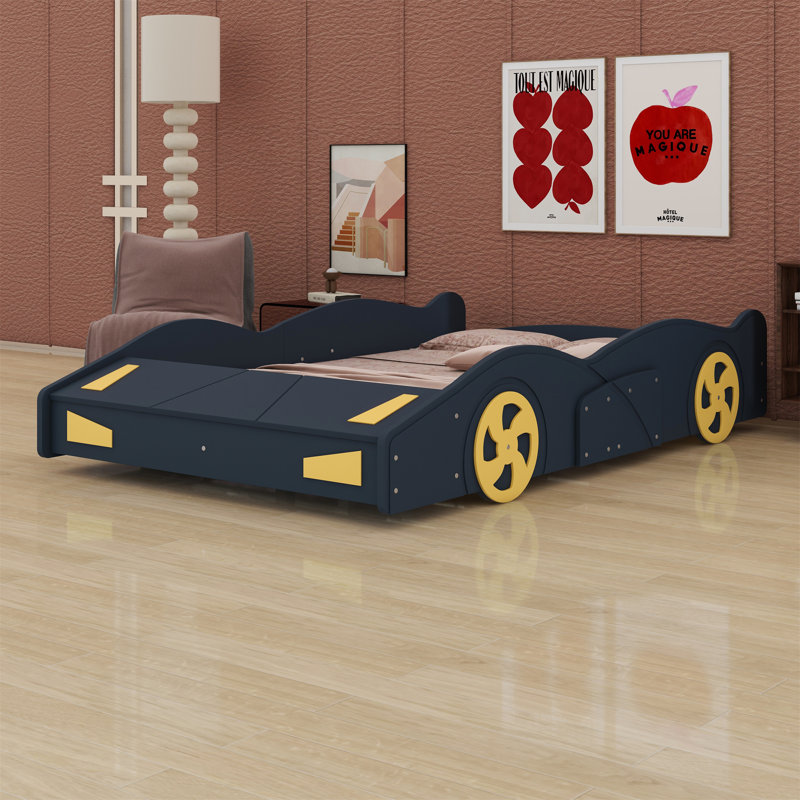 Lit plateforme avec roulettes et rangement Race, Bleu foncé / Jaune