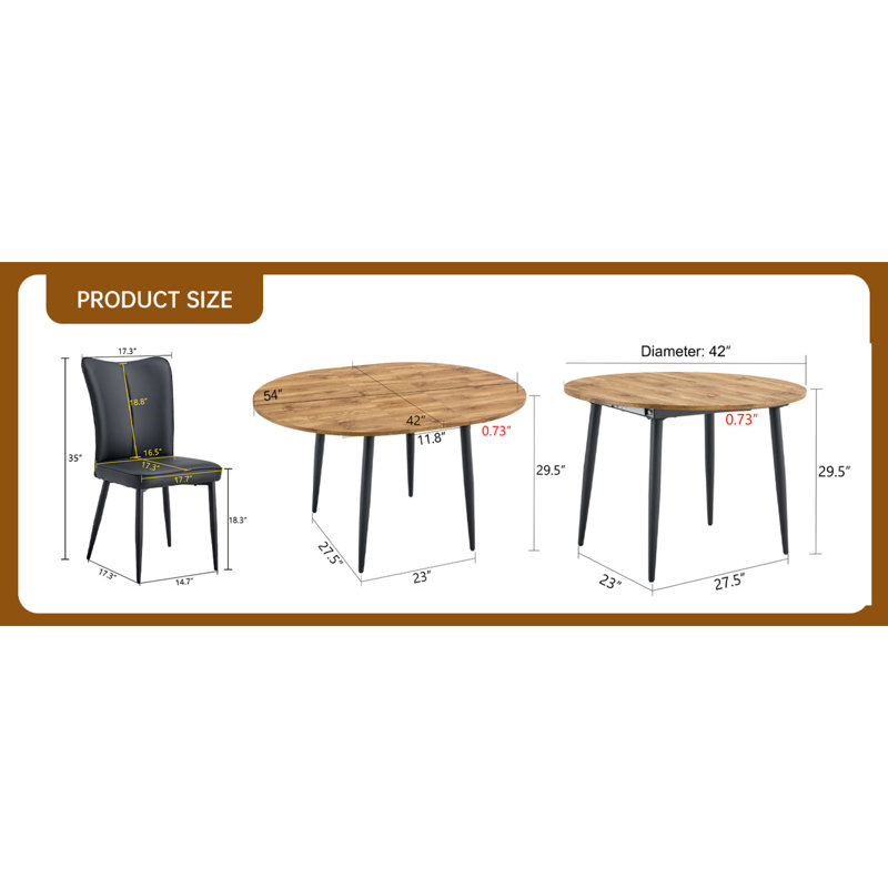 Ensemble de table de salle à manger extensible en bois avec chaises en polyuréthane noir pour des rassemblements flexibles