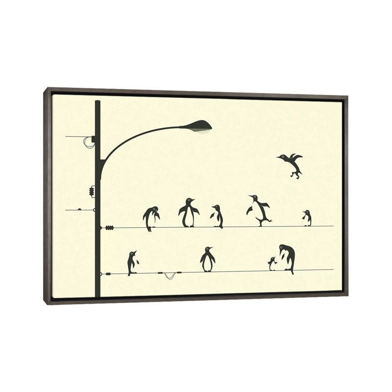 «Penguins on a Wire», art encadré, H 40 po x l 60 po x P 1,5 po, Dark Rustic Wood Framed Canvas