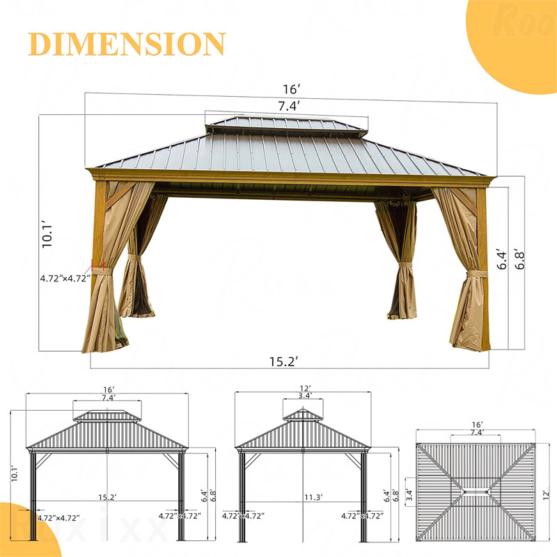 Pavillon de jardin 12X16FT, moustiquaire pour l'extérieur avec double toit, Aspect bois