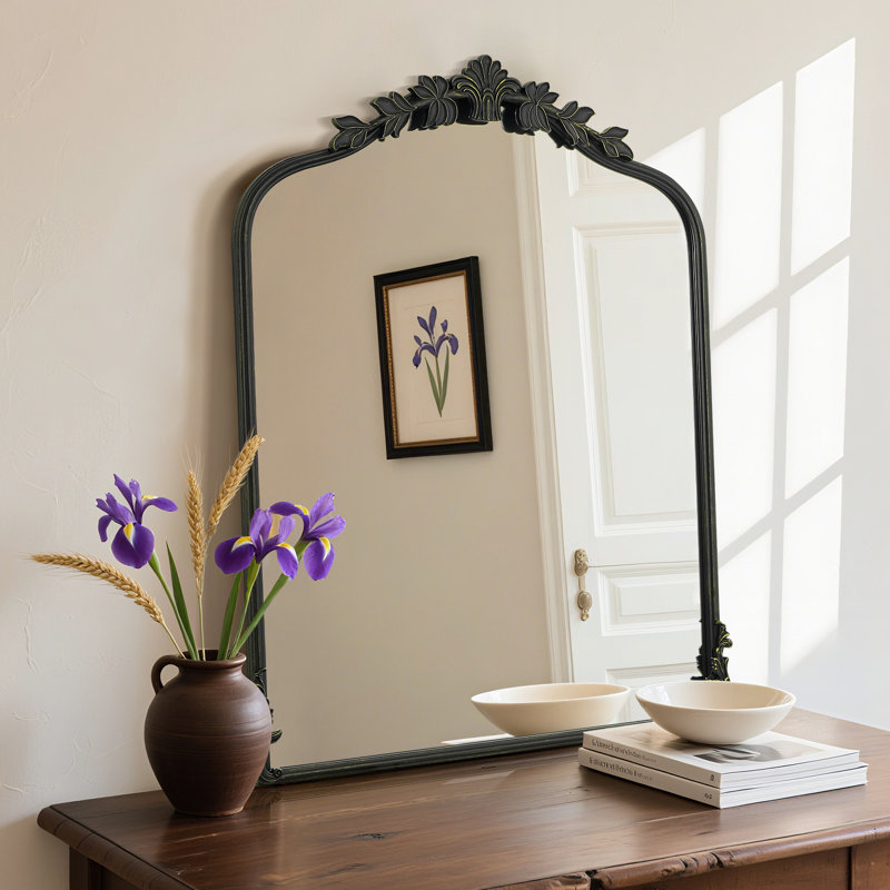 Vintage Metal Wall Mirror – Ornate Antique Vanity Mirror with Iron Frame, Black, 32” x 24”