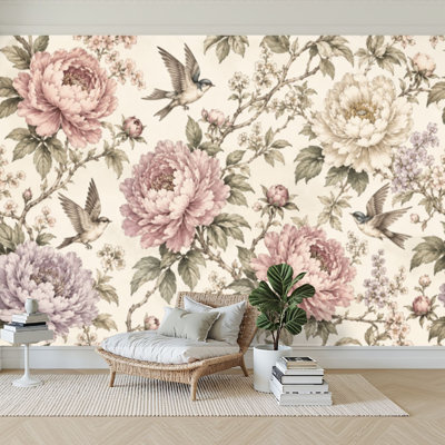 Papier peint adhésif autocollant esquisse fleurs d'oiseaux fleurs de colibris style rétro antique papier autocollant amovible pour décoration murale 100 x H 144 po
