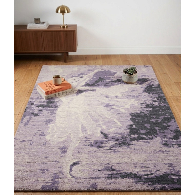 Tapis intérieur mauve en laine mauve contemporain fait à la main, Rectangle de 5 pi x 8 pi