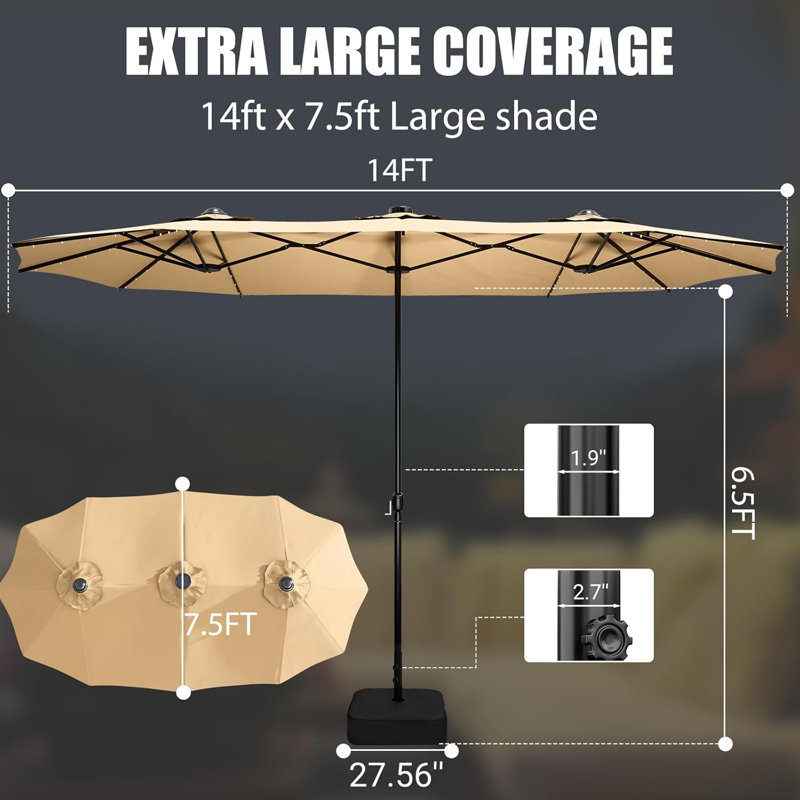 Parasol d'extérieur surdimensionné pour patio - cadre renforcé, base croisée et sac de poids inclus, tissu bloquant les rayons UV teint dans la masse, idéal pour le jardin, la piscine et la cour