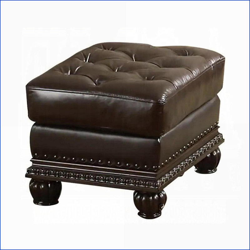 Repose-pieds pour petits espaces, cuir fleur capitonné avec garniture cloutée, espresso et amp; Cerise | Brun foncé | Bois