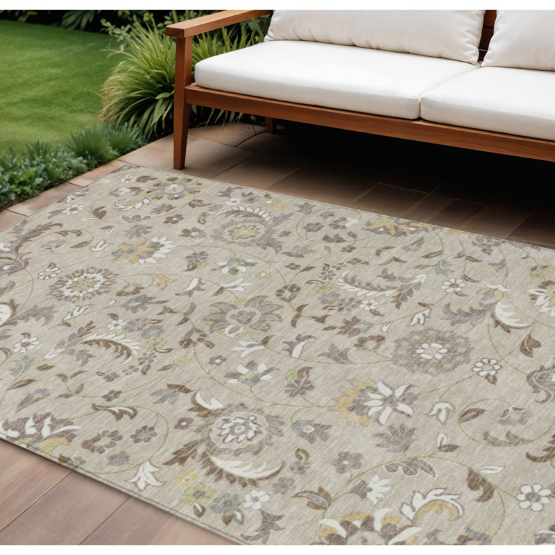Tapis extérieur lavable à motif floral beige et brun 10 pi x 14 pi beige