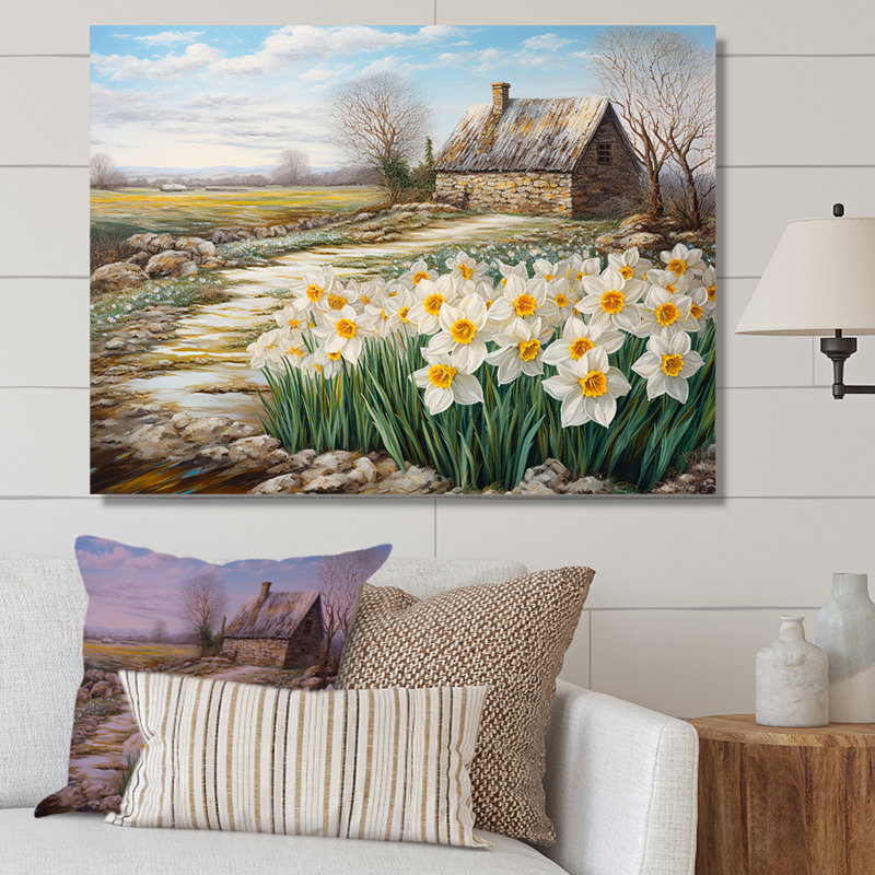 «White and Yellow Daffodils Country Charm», art encadré de fleurs, Toile tendue, H 30 po x l 40 po x P 1,5 po