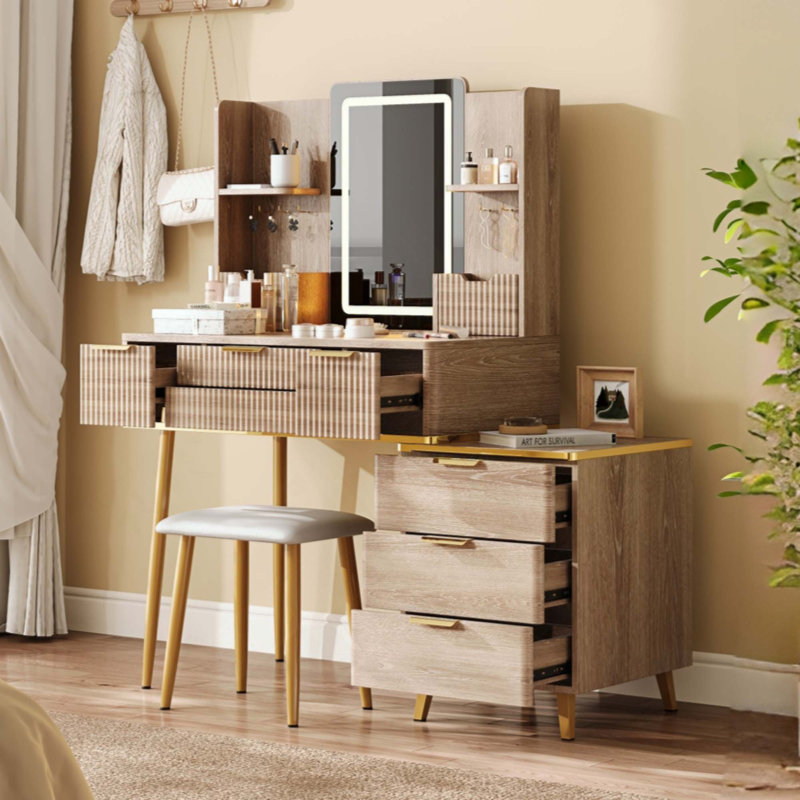 7-Drawer Vanity Desk With LED Mirror & Carved Details, Fluted Makeup Table With Metal Legs And PU Stool, Carved Dressing Table With Jewelry Storage For Bedroom