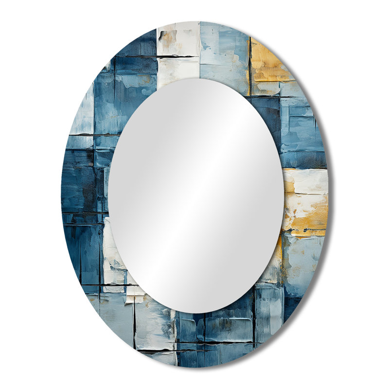 Cerulean Cubism Shapes I - Grand miroir mural ovale sur métal, 43 po x 33 po