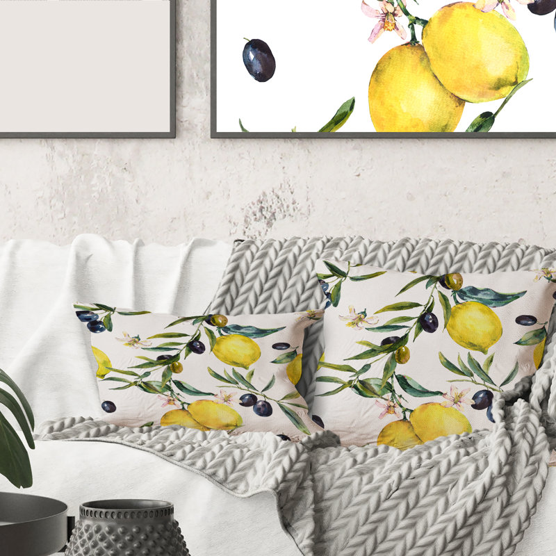 Carré, citron et olive II - Coussin décoratif à imprimé tropical, 16" x 16"