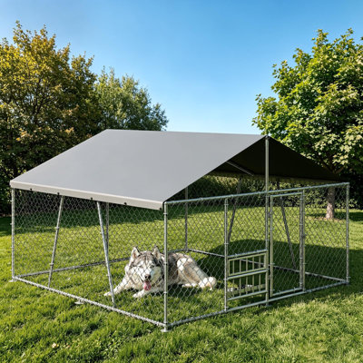 Heavy-duty galvanized steel dog kennel resists rust and stands strong against any weather, keeping your pets safe outdoors year-round. Spacious design in 3 sizes fits 1-2 large dogs or multiple pets,