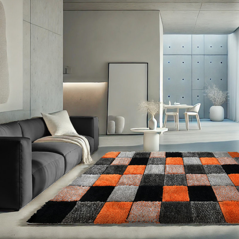 Shaggy Blocks High Pile Rug - Orange, Rectangle 80 x 150 cm