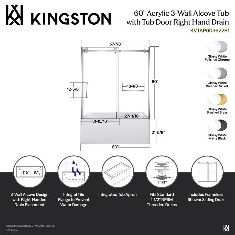 Kingston Brass 60-Inch Acrylic Rectangular 3-Wall Alcove Tub With Tub Door, Drain, Matte Black, Right Opening