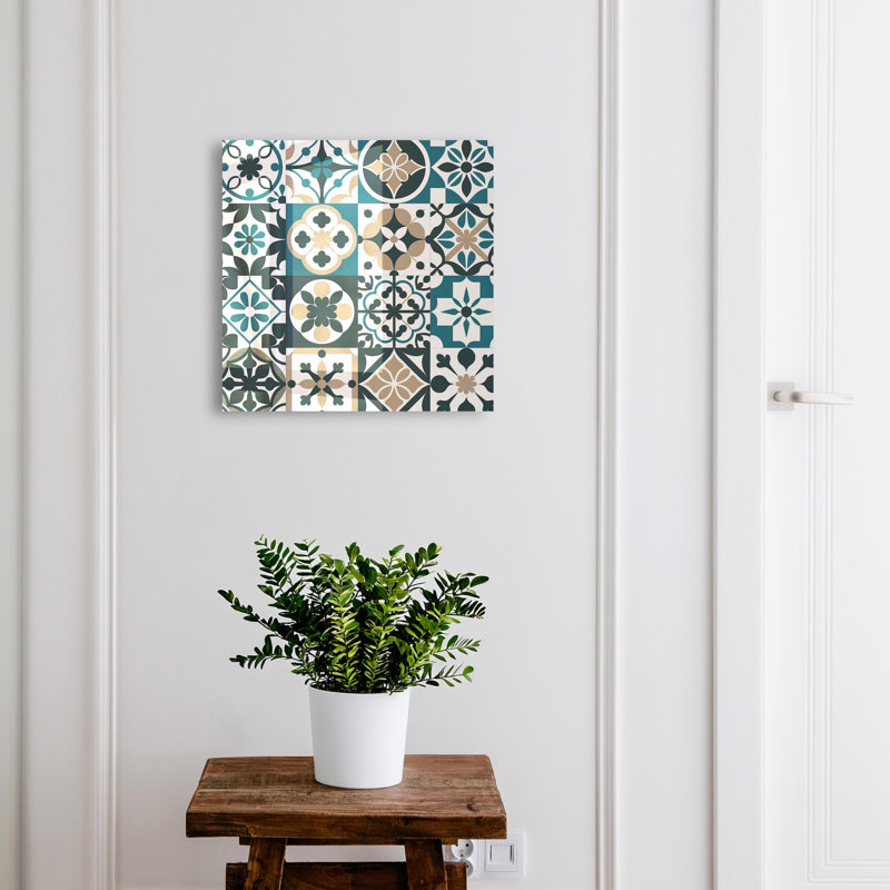 Key storage cabinet, Opens to the left, 30x30x5, Black, Symmetrical Moroccan-style patterns in turquoise and beige, 