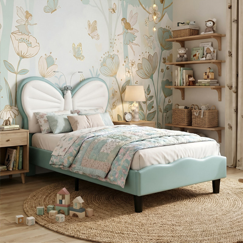 Kids Upholstery Butterfly Bed, Mixed Velvet & PU Leather Headboard With LED Antennae Lights & Adjustable Height, European Single (90 X 200 cm) 