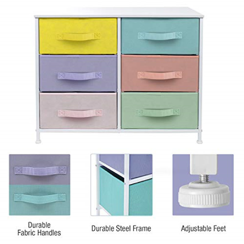 Sorbus 6 Drawers Dresser with Steel Frame, Wood Top, Fabric Bins in Pastel