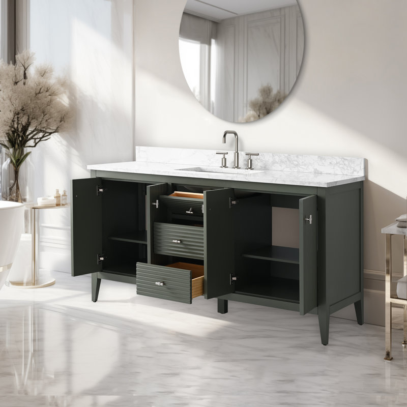 Meuble-lavabo simple 60 po avec plateau en marbre d'ingénierie 60 po, Nickel brossé, Linéaire vert rétro