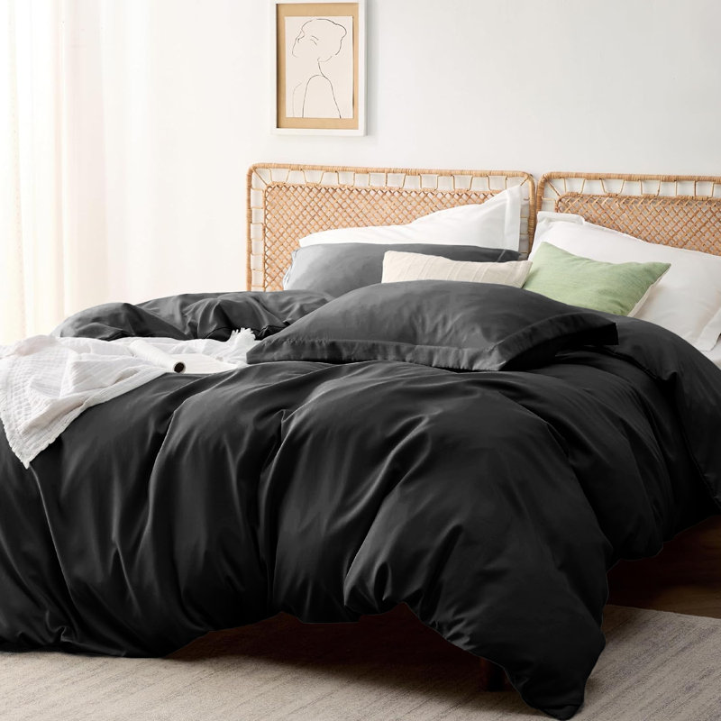 Onorino Luxury 4-Piece Dyed Duvet Set with Pillowcases or Fitted sheet (4 in 1), Double Duvet Cover Set, Black