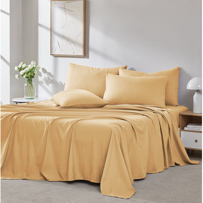 Ensemble de draps 6 pièces Southshore Fine Linens Vilano Springs, poches extra profondes, en microfibre ultra douce doublement brossée 110 g/m², poches de 53 cm, 4 taies d'oreiller, Queen, doré