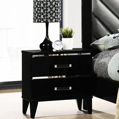 Table de chevet contemporaine à 2 tiroirs avec façade noire brillante, pieds fuselés en bois, glissières latérales en métal, poignées en acrylique pour la chambre à coucher, l 23 po x P 16 po H 23 po
