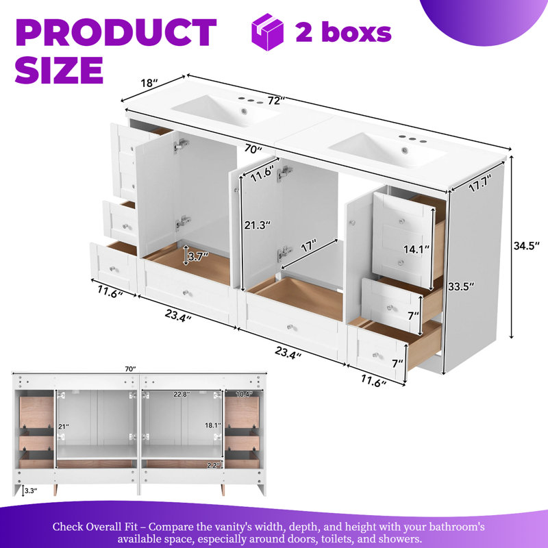 72" Freestanding Bathroom Vanity With Ceramic Sink, Soft-Close, Ample Storage