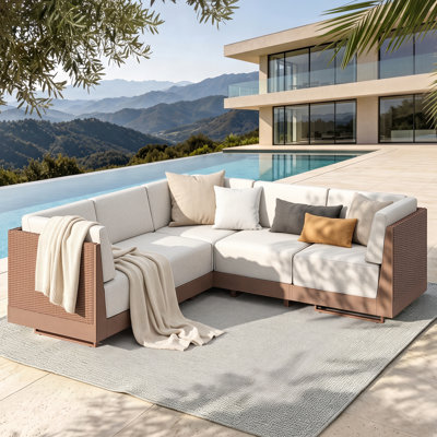 Ensemble de jardin 5 places en résine tressée avec coussins, beige, canapé d'angle modulaire en résine tressée.
