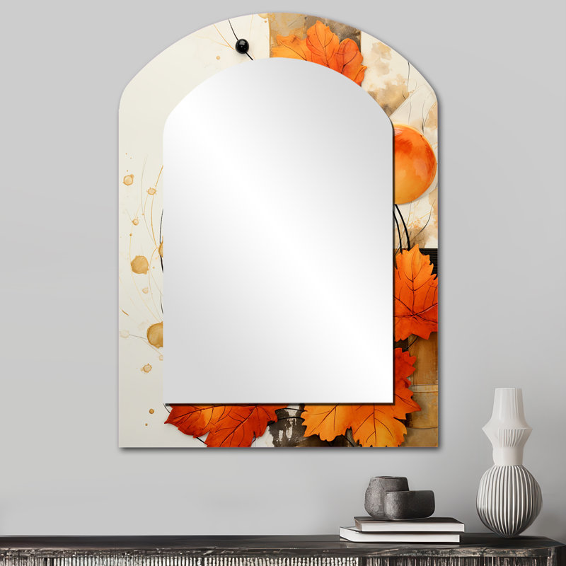 Éclat floral orange et blanc I - grand miroir mural arqué sur métal, 34 po x 25 po