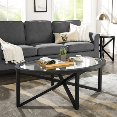 Table basse noire avec plateau en verre trempé et structure en bois massif - Design moderne pour club, hôtel, café, égratignure, salon à trépied stable facile à nettoyer, terrasse, roulement de 250 lb, assemblage
