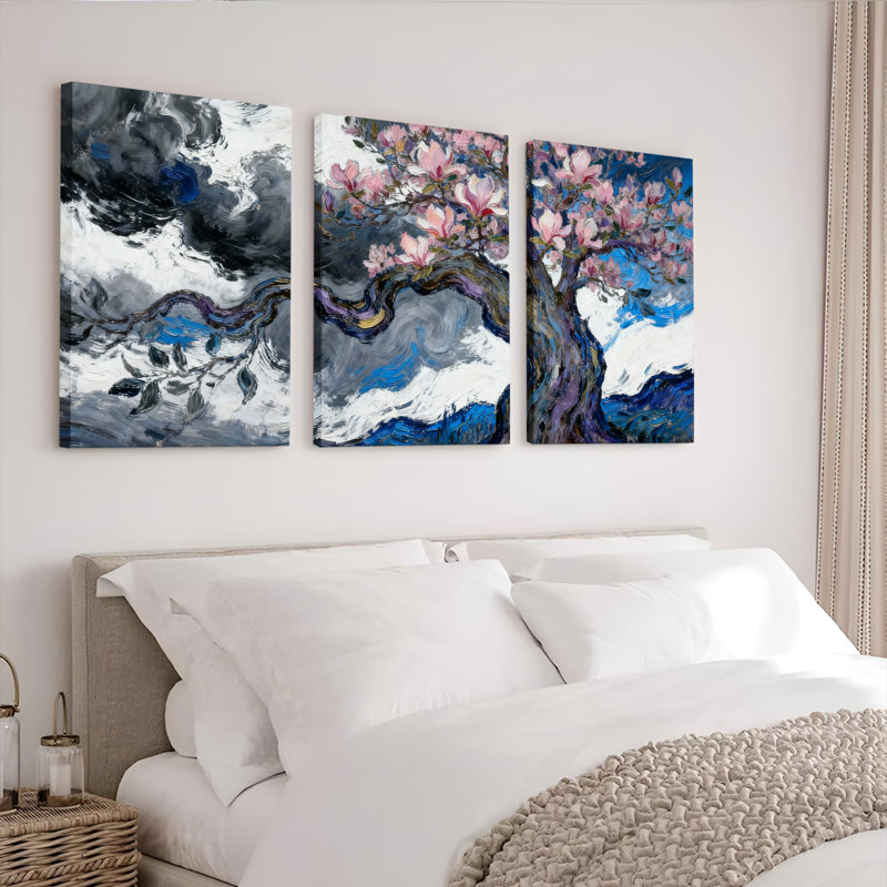 Ensemble de 3 tableaux sur toile représentant un cerisier en fleurs et un ciel spectaculaire, H 18 po x l 36 po