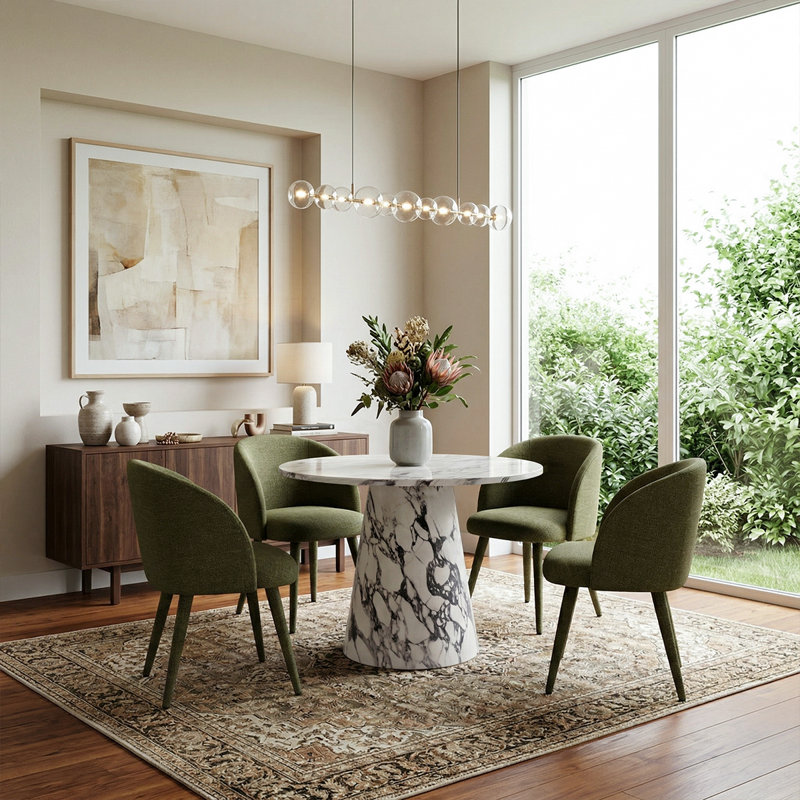 Modern 35" Round Faux Marble Dining Set with 4 Upholstered（Arm） Chairs, Green