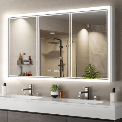 Ciyanna LED Medicine Cabinet with Beveled Defogger Mirror, Surface/Recessed Mount, Dimmable Lights USB Power Outlet, Clock & Sensor Light
