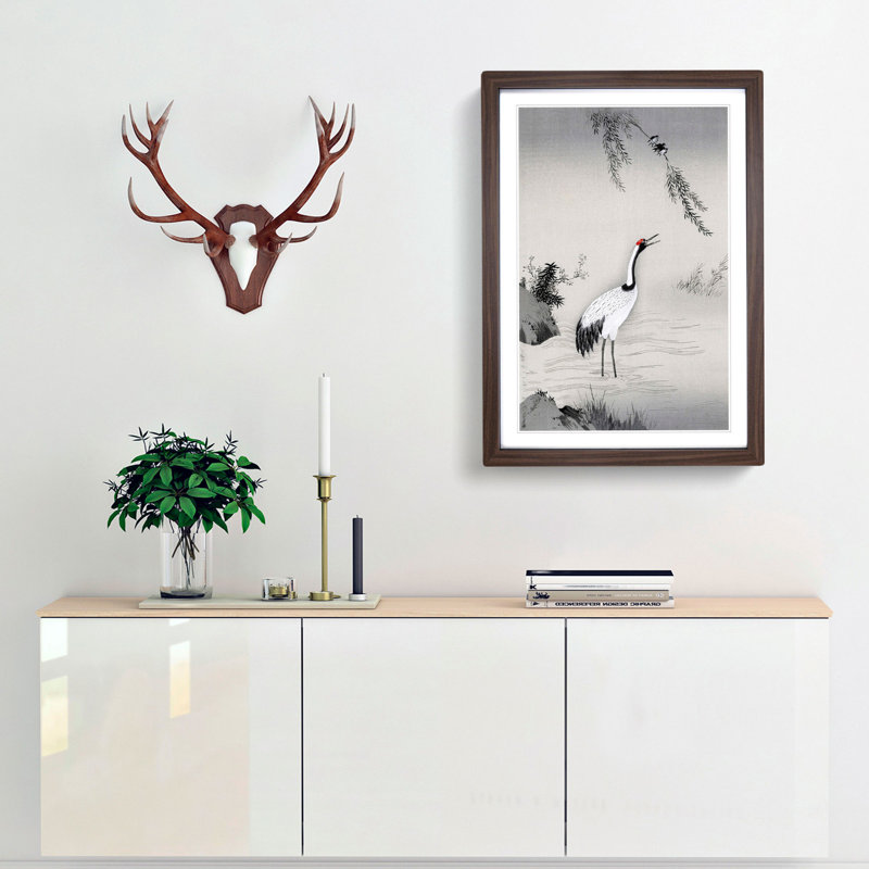 Japanese Crane by Kano Motonobu - Picture Frame Painting Print, 87cm H x 62cm W x 2cm D, Walnut Framed
