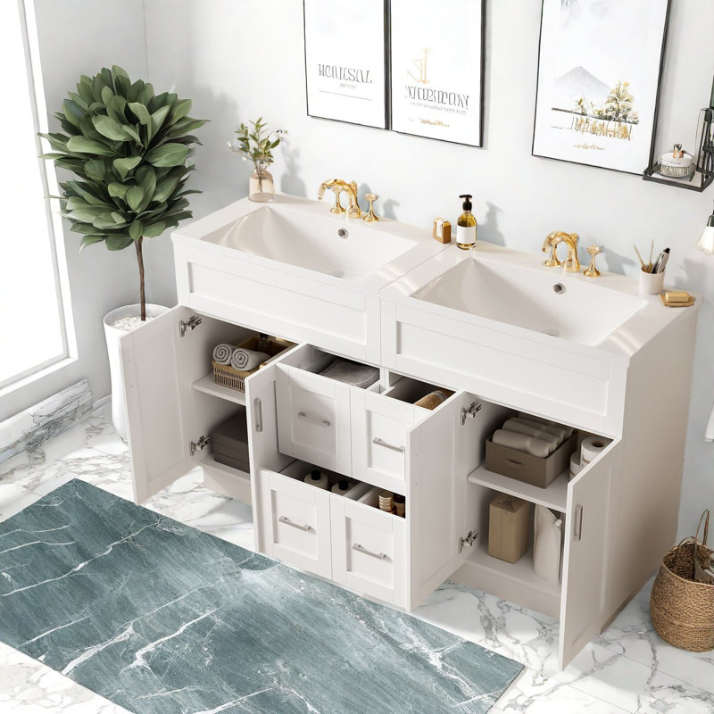 Meuble-lavabo spacieux et moderne avec armoire en MDF et deux lavabos pour les grandes salles de bain