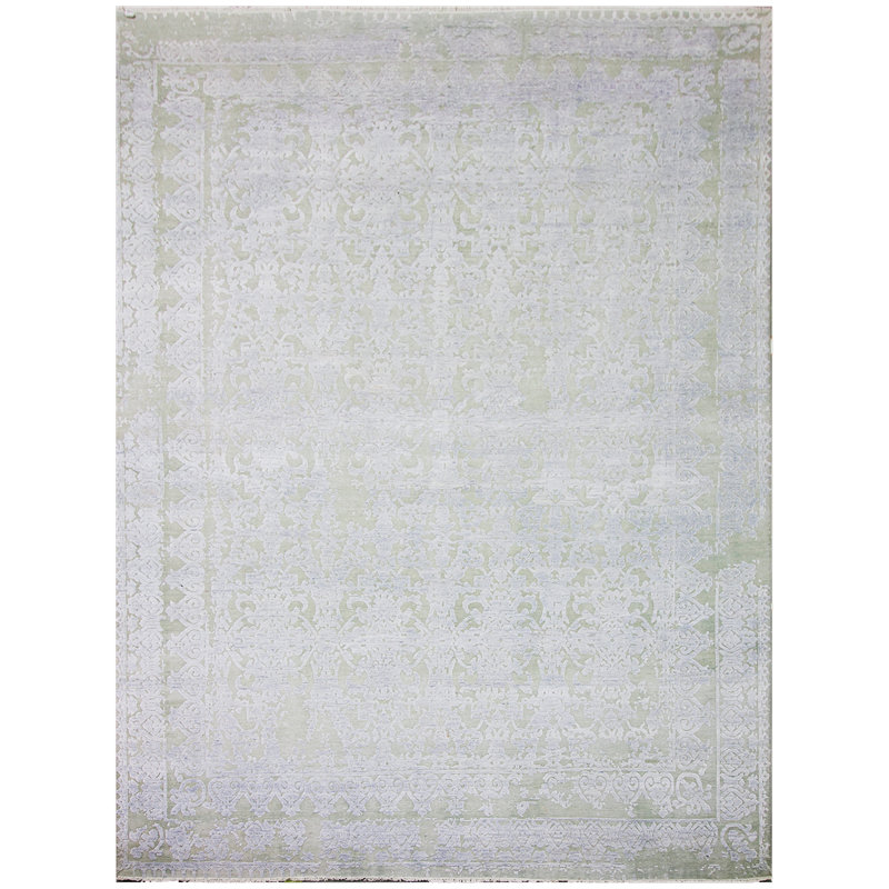 Tapis vert clair / bleu noué à la main de haute qualité, Rectangle 9 pi x 12 pi