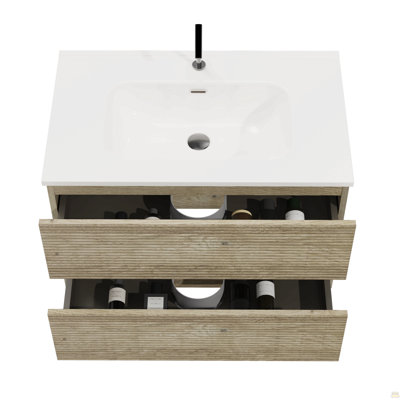 Meuble-lavabo mural 30 po en chêne brut et chêne brut avec lavabo intégré en céramique avec trop-plein, grand meuble-lavabo flottant avec rangement pour salle de bain moderne, KD