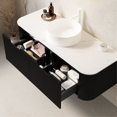 48" Bathroom Vanity With Wall - Mounted Floating Cabinet, White Ceramic Basin, Black 3D Striped Drawer, Pre Installed, Plywood, Easy Installation Round Sink, 2 Drawers, Matte Assembled, Artificial