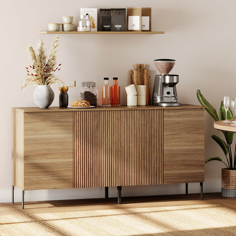 Union Rustic 63" Wooden 4 Doors Sideboard With Reeded Design, 2-In-1 Modern Credenza Storage Cabinet For Kitchen, Dining Room