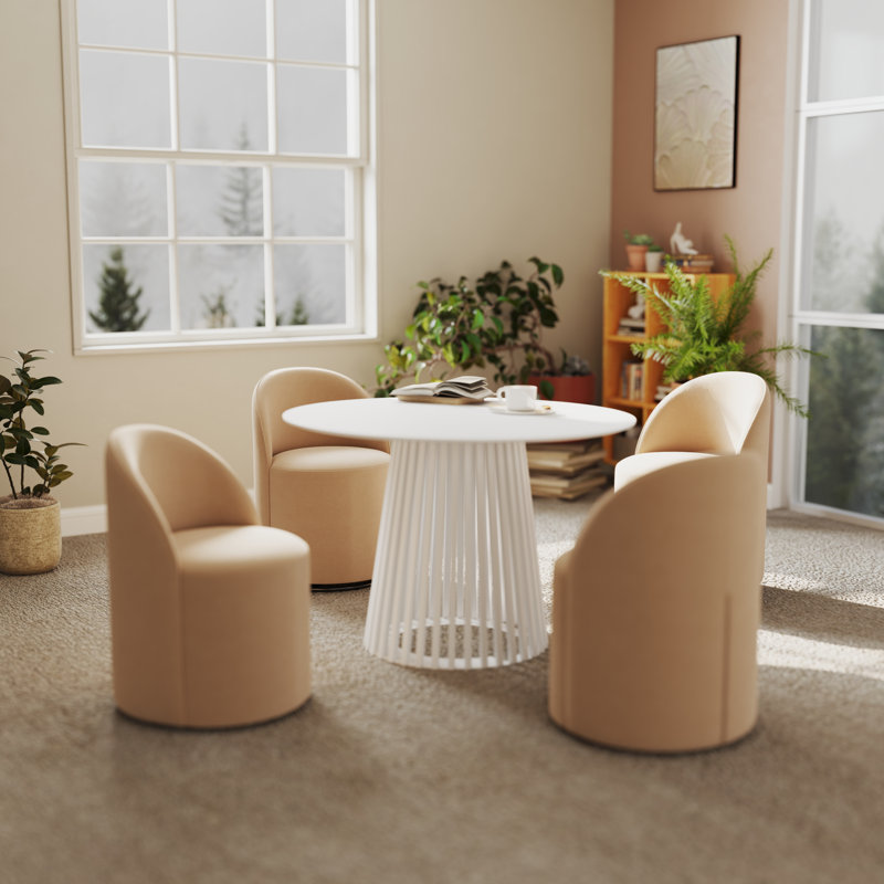 Modern Fashion Dining Table And Chairs Set, Upholstered Dining Chairs Set Of 4 And Round Solid Wood Dining Table, White