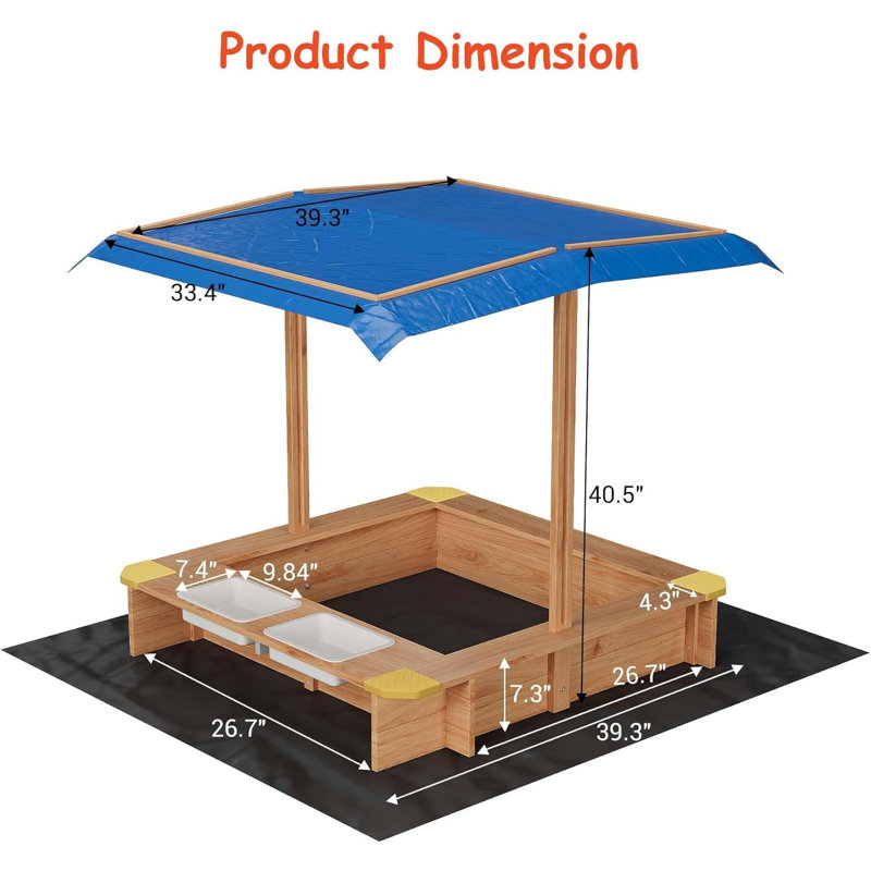 Bac à sable en bois avec auvent résistant aux rayons UV, seaux latéraux et doublure de drainage - Bois de sapin durable et résistant aux intempéries pour le jeu extérieur des enfants