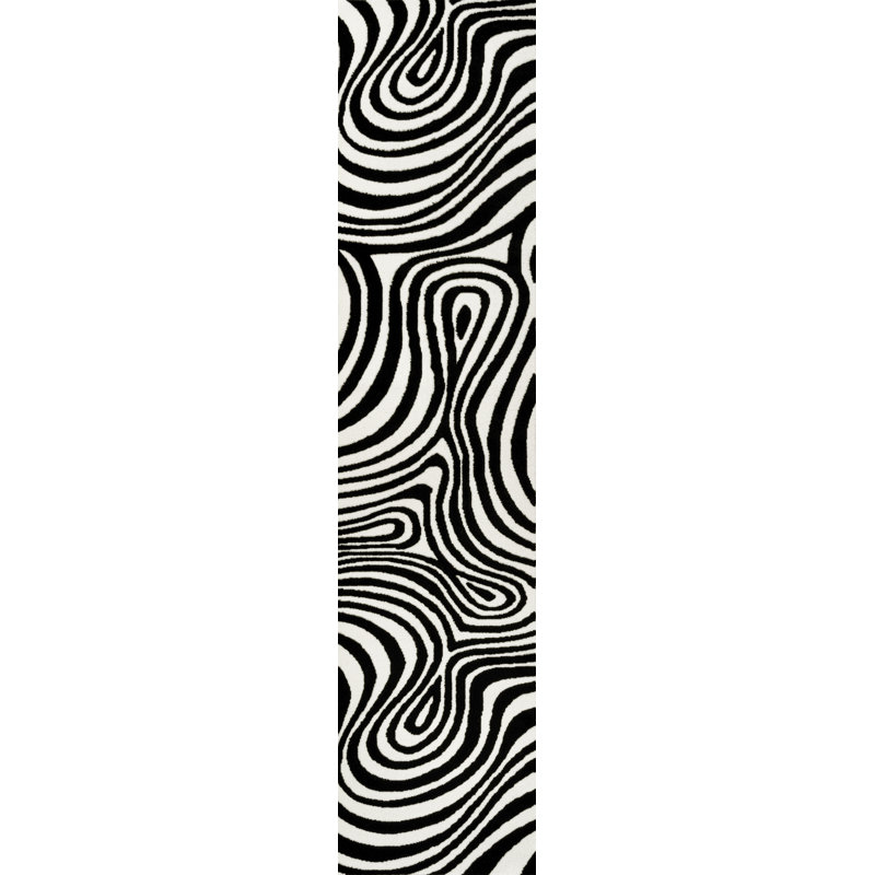 Maribo High-Low Abstract Groovy Striped Black/White Rug, Runner 2' x 8'