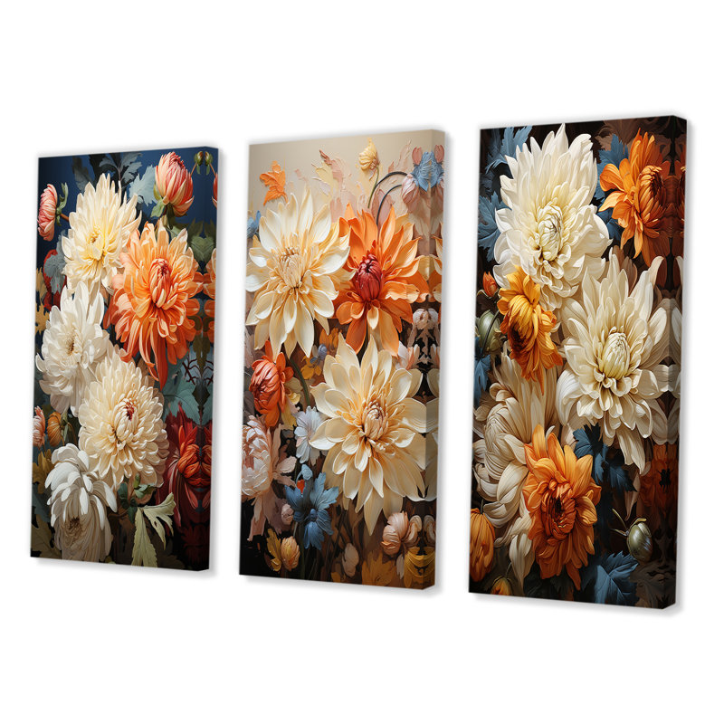 «Chrysanthemums Autumn Collage», 3 pièces sur toile, H 20 po x l 36 po, Toile tendue
