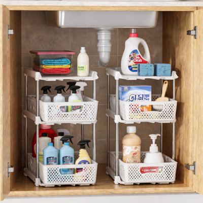 White pull-out three-tier storage rack (two-piece set) - kitchen and bathroom sink cabinet under-cabinet storage unit