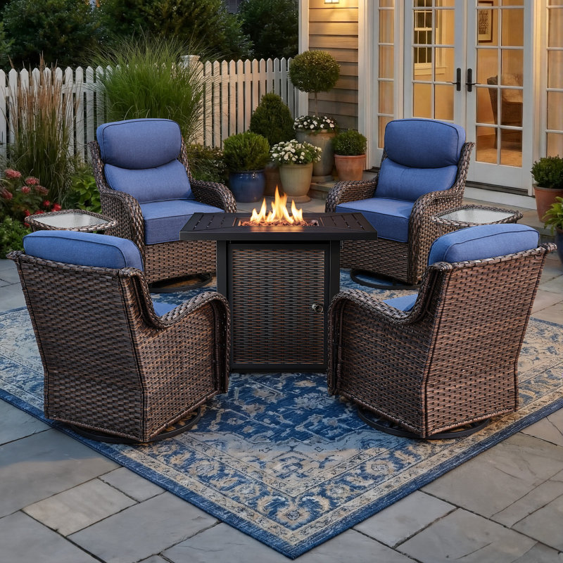 4 - Person Patio Furniture Chair Set With Fire Pit Table, 4 Swivel Glider Chairs With 6-Inch Cushions & Side Table, Blue